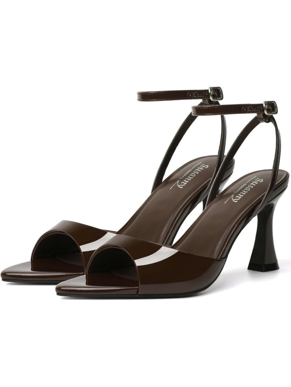 Womens Chocolate Patent Brown Toe Strappy Chunky Block Stiletto High Heels Shoes
